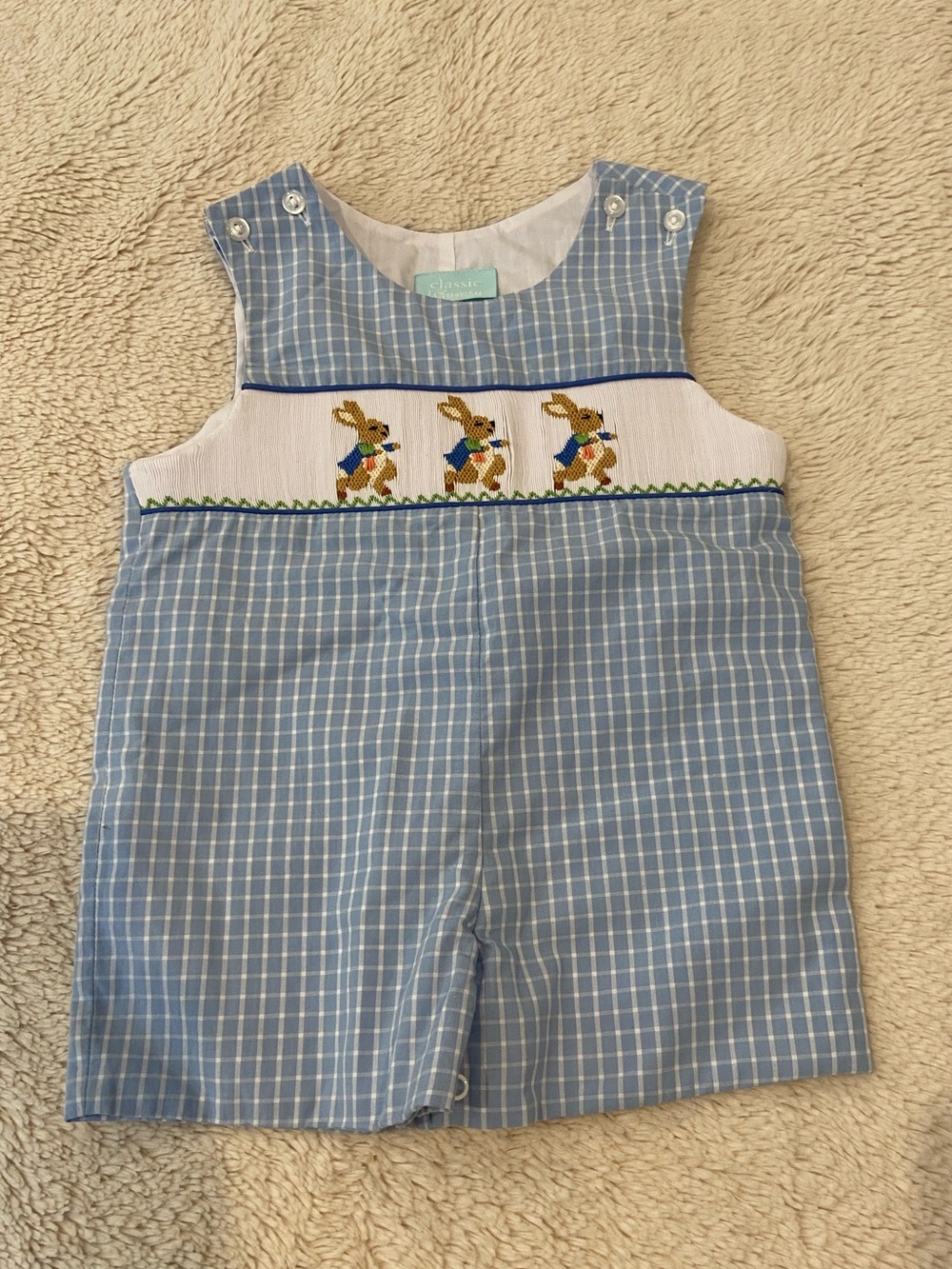 Classic Whimsy Blue Gingham Smocked Peter Rabbit Shortall Romper 18M